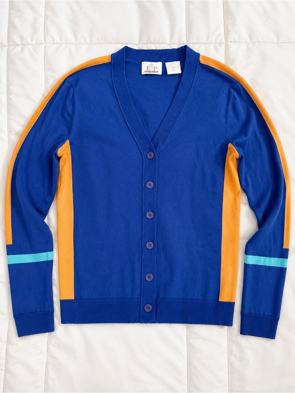 EP Pro Colorblock Cardigan Sweater Blue Yellow Aqua Golf Resort Size L